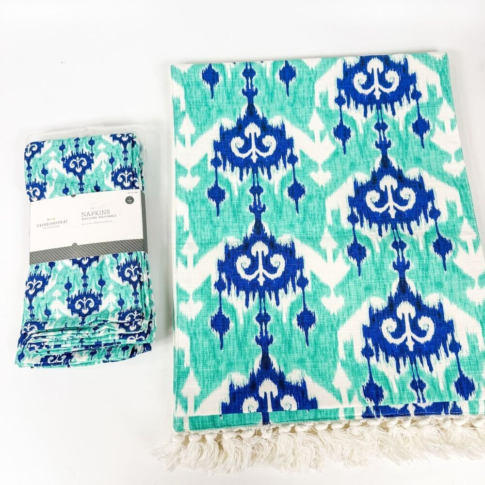 Threshold Teal Blue Teal Green Ikat Table Runner & Napkins Set